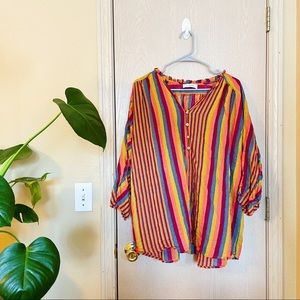 Boutique Colorful Stripe Button 3/4 Sleeve Tunic